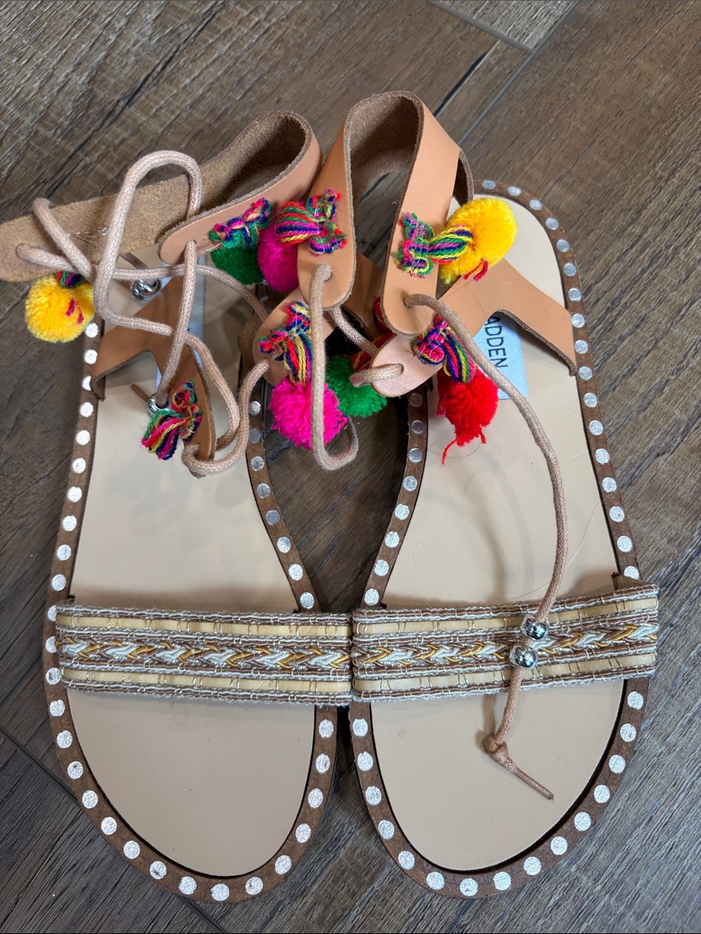 Steve Madden Tan Lace-Up Sandals with Multicolor Pom-Poms